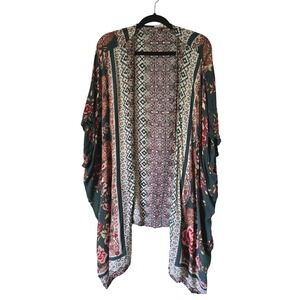 GYPSY LOVE Boho Floral Geometric Kimono Wrap Open Front Rayon Green Red One Size